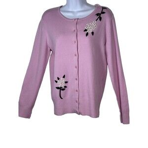 Y2K NY Collection Pink Floral Embroidered Cardigan Sweater Coquette Button  S